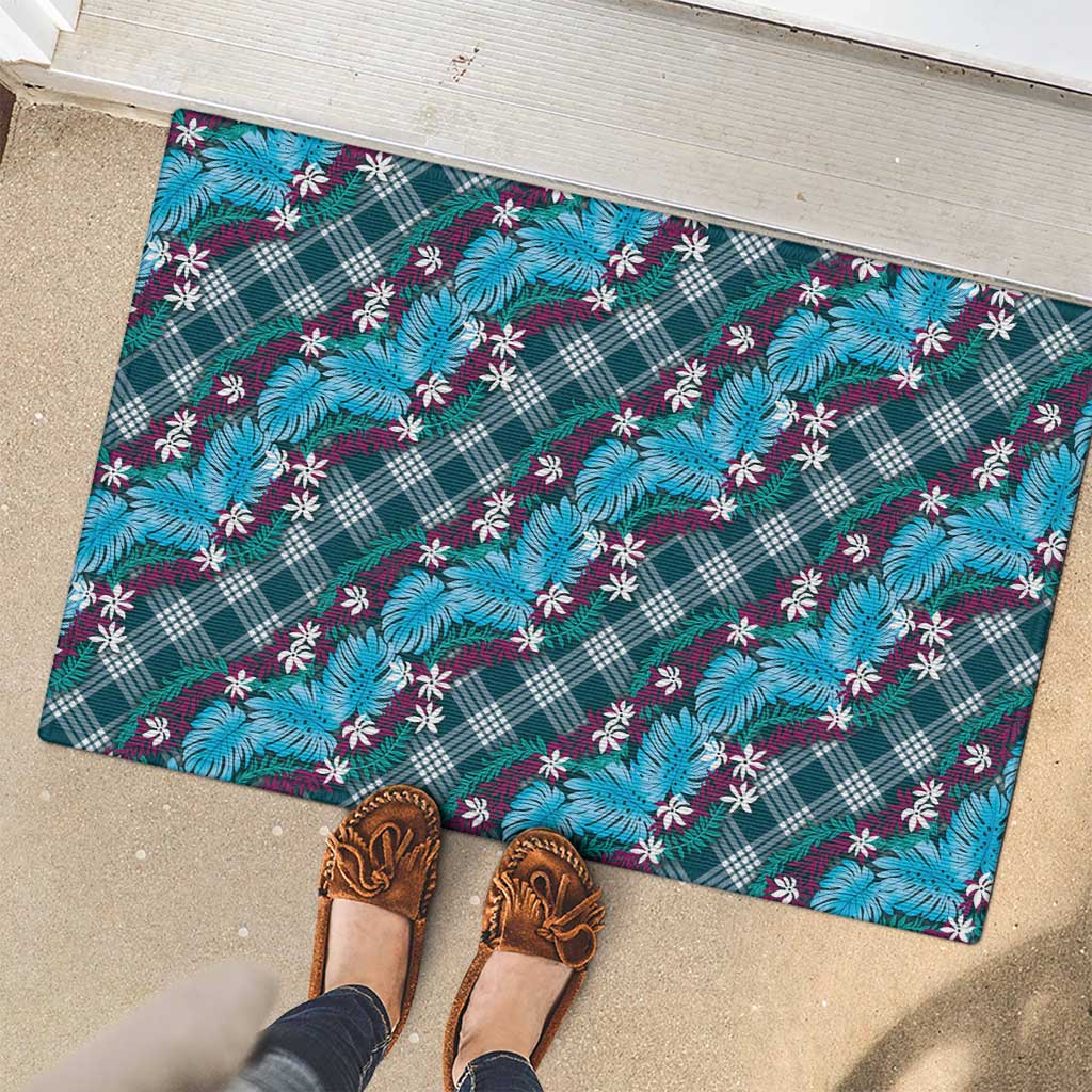 Polynesian Monstera Tiare Floral Rubber Doormat Dark Teal Tropical Plaid - Polynesian Pride