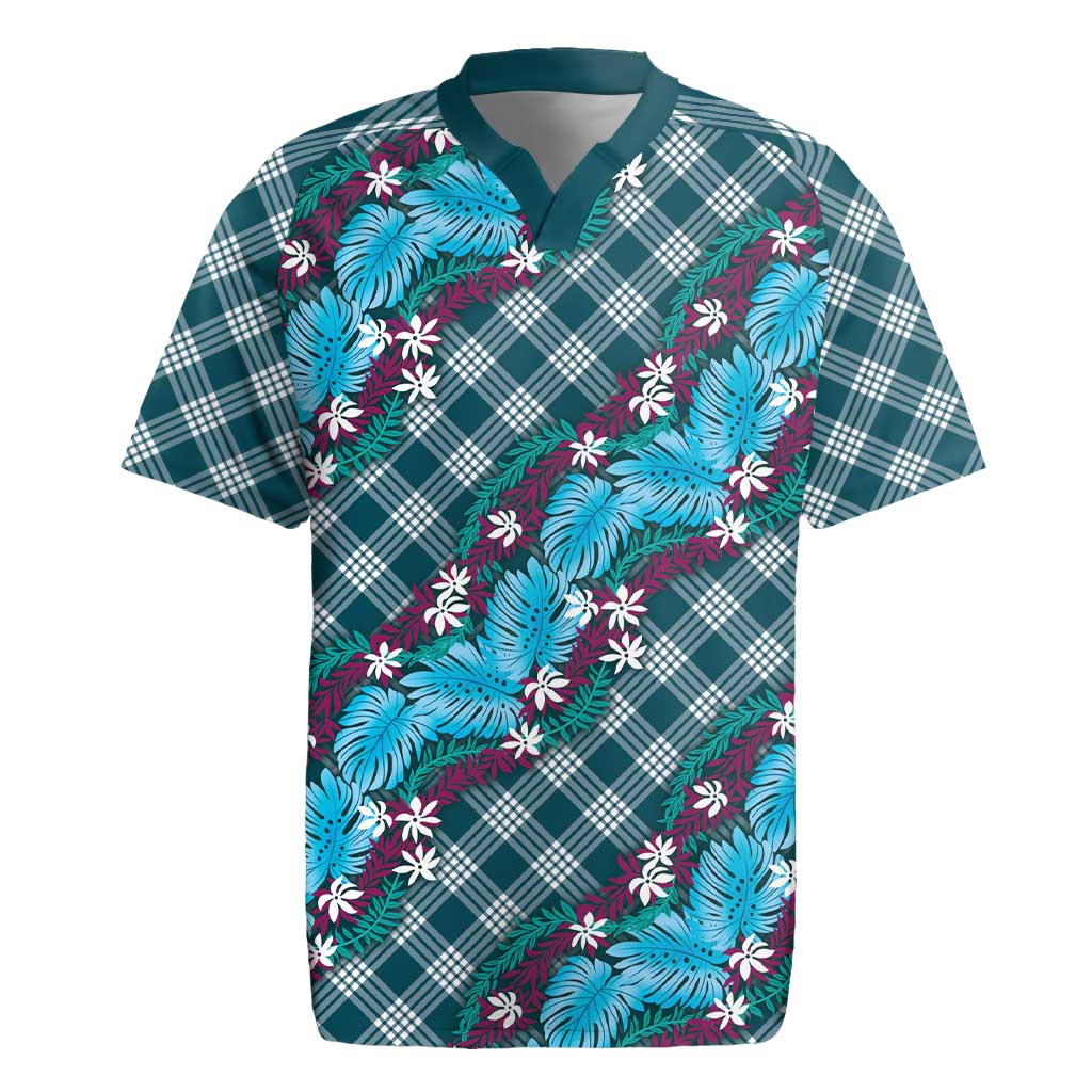 Polynesian Monstera Tiare Floral Rugby Jersey Dark Teal Tropical Plaid - Polynesian Pride