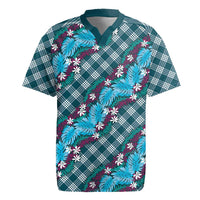 Polynesian Monstera Tiare Floral Rugby Jersey Dark Teal Tropical Plaid - Polynesian Pride