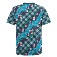 Polynesian Monstera Tiare Floral Rugby Jersey Dark Teal Tropical Plaid - Polynesian Pride