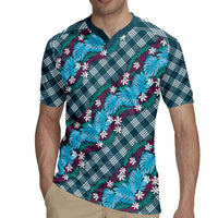 Polynesian Monstera Tiare Floral Rugby Jersey Dark Teal Tropical Plaid - Polynesian Pride