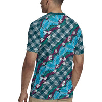 Polynesian Monstera Tiare Floral Rugby Jersey Dark Teal Tropical Plaid - Polynesian Pride