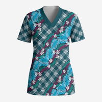 Polynesian Monstera Tiare Floral Scrub Top Dark Teal Tropical Plaid - Polynesian Pride