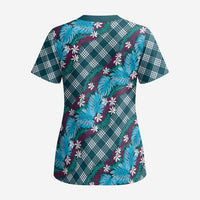 Polynesian Monstera Tiare Floral Scrub Top Dark Teal Tropical Plaid - Polynesian Pride