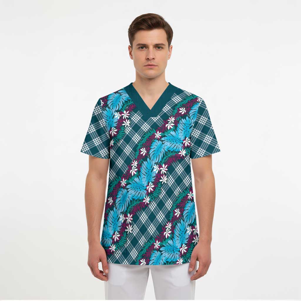 Polynesian Monstera Tiare Floral Scrub Top Dark Teal Tropical Plaid - Polynesian Pride