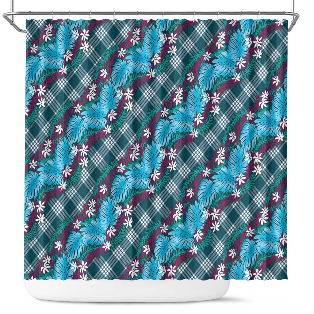 Polynesian Monstera Tiare Floral Shower Curtain Dark Teal Tropical Plaid - Polynesian Pride