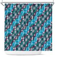 Polynesian Monstera Tiare Floral Shower Curtain Dark Teal Tropical Plaid - Polynesian Pride