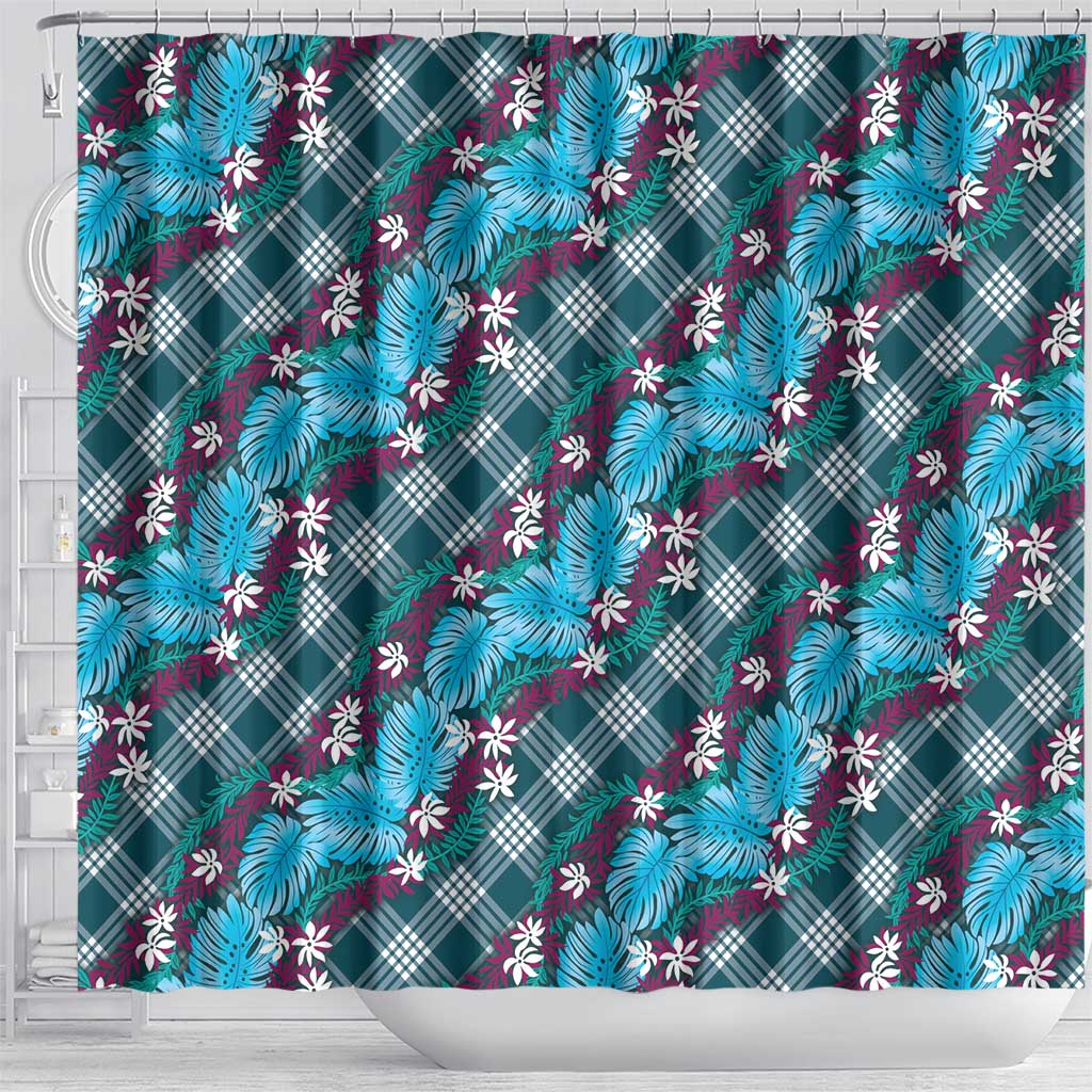 Polynesian Monstera Tiare Floral Shower Curtain Dark Teal Tropical Plaid - Polynesian Pride