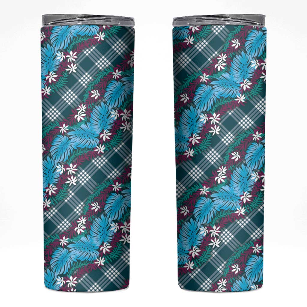 Polynesian Monstera Tiare Floral Skinny Tumbler Dark Teal Tropical Plaid - Polynesian Pride