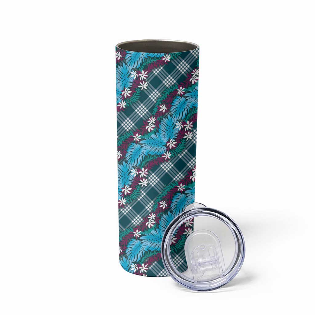 Polynesian Monstera Tiare Floral Skinny Tumbler Dark Teal Tropical Plaid - Polynesian Pride