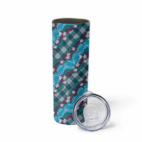 Polynesian Monstera Tiare Floral Skinny Tumbler Dark Teal Tropical Plaid - Polynesian Pride