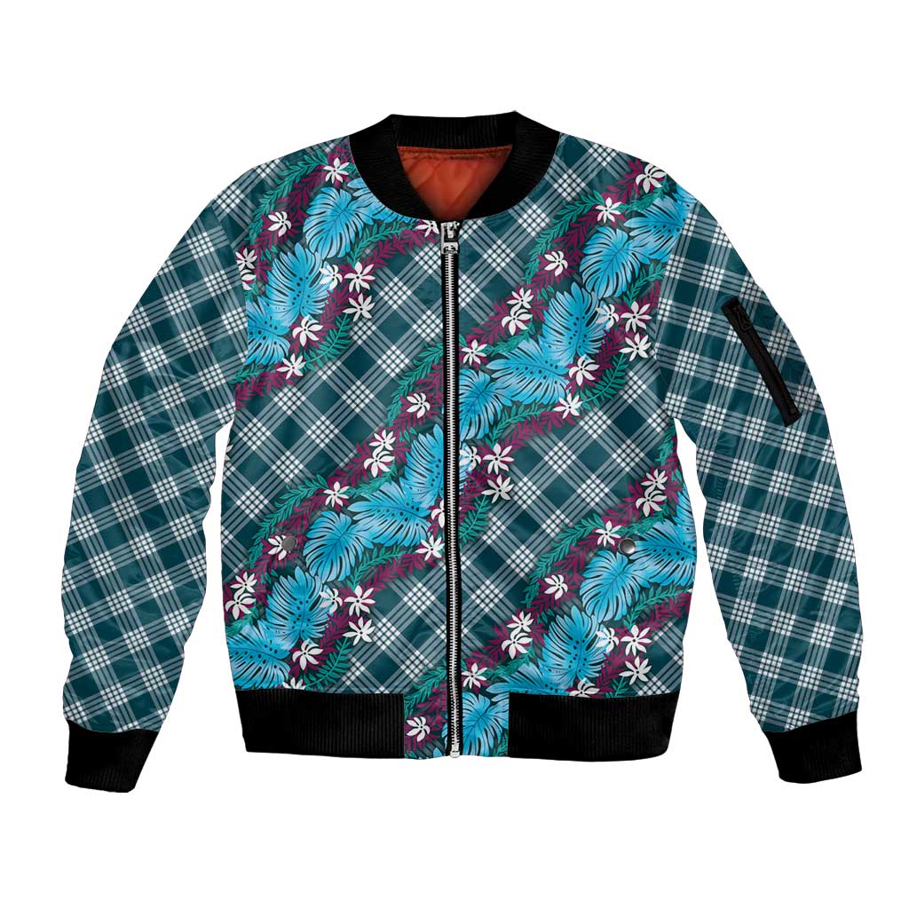 Polynesian Monstera Tiare Floral Sleeve Zip Bomber Jacket Dark Teal Tropical Plaid - Polynesian Pride