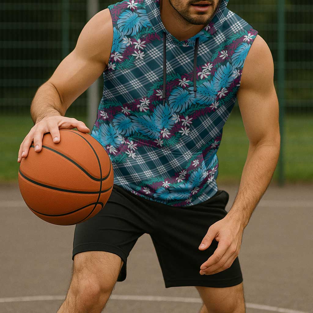 Polynesian Monstera Tiare Floral Sleeveless Hoodie Dark Teal Tropical Plaid - Polynesian Pride