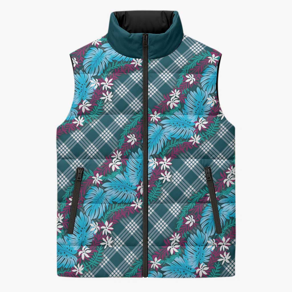 Polynesian Monstera Tiare Floral Sleeveless Puffer Jacket Dark Teal Tropical Plaid - Polynesian Pride