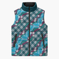 Polynesian Monstera Tiare Floral Sleeveless Puffer Jacket Dark Teal Tropical Plaid - Polynesian Pride