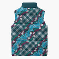 Polynesian Monstera Tiare Floral Sleeveless Puffer Jacket Dark Teal Tropical Plaid - Polynesian Pride