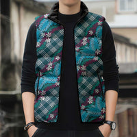 Polynesian Monstera Tiare Floral Sleeveless Puffer Jacket Dark Teal Tropical Plaid - Polynesian Pride