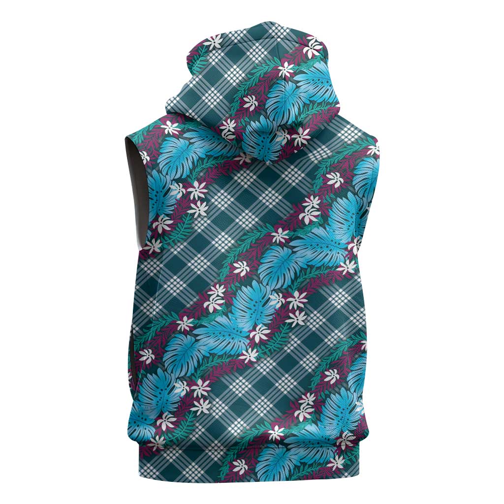 Polynesian Monstera Tiare Floral Sleeveless Zip Hoodie Dark Teal Tropical Plaid - Polynesian Pride