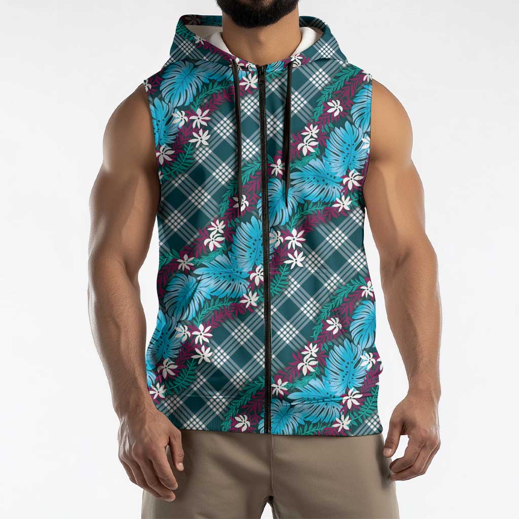 Polynesian Monstera Tiare Floral Sleeveless Zip Hoodie Dark Teal Tropical Plaid - Polynesian Pride