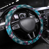 Polynesian Monstera Tiare Floral Steering Wheel Cover Dark Teal Tropical Plaid - Polynesian Pride