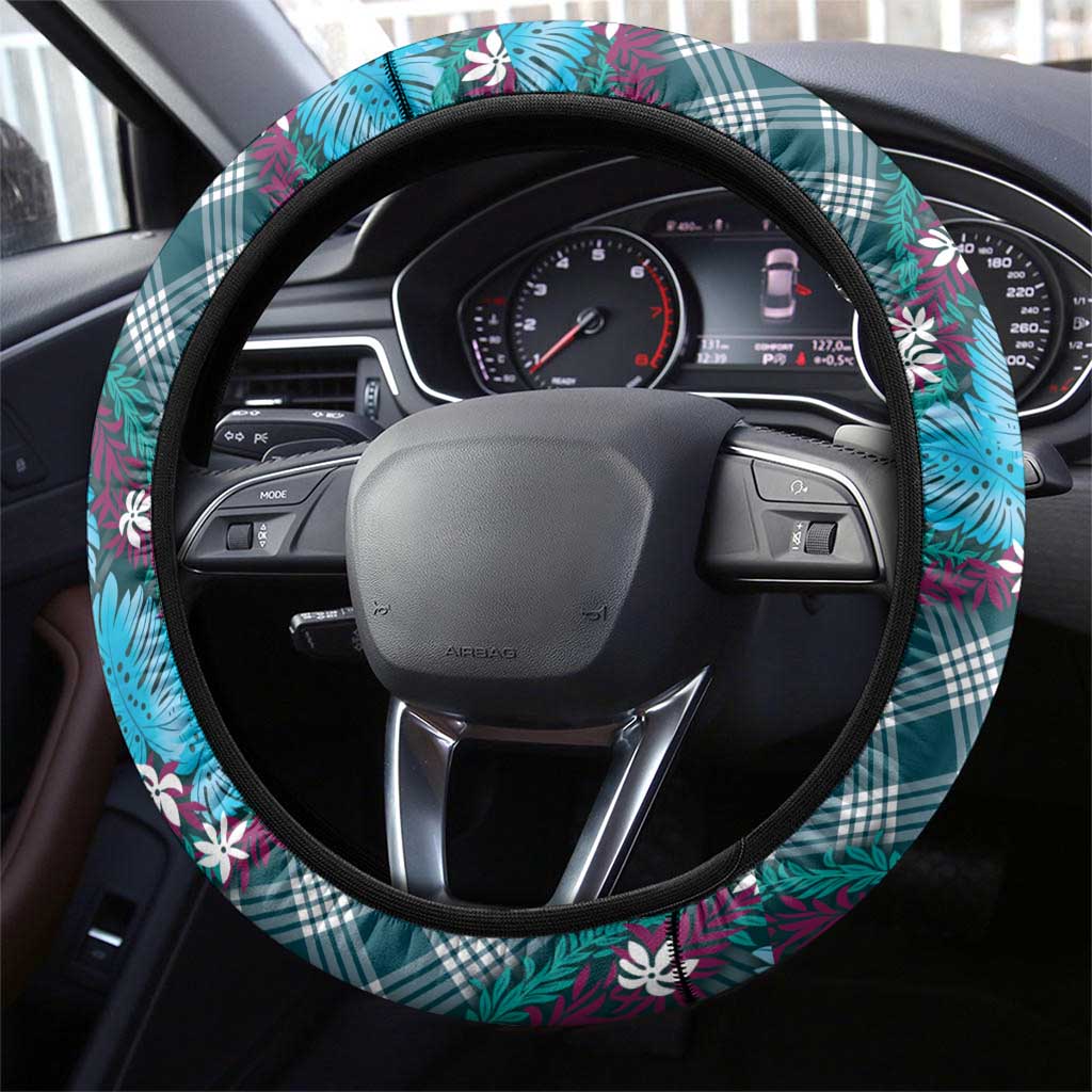 Polynesian Monstera Tiare Floral Steering Wheel Cover Dark Teal Tropical Plaid - Polynesian Pride