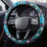 Polynesian Monstera Tiare Floral Steering Wheel Cover Dark Teal Tropical Plaid - Polynesian Pride