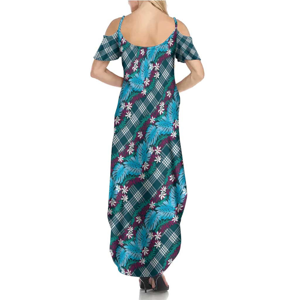 Polynesian Monstera Tiare Floral Summer Maxi Dress Dark Teal Tropical Plaid - Polynesian Pride