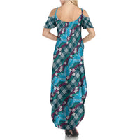 Polynesian Monstera Tiare Floral Summer Maxi Dress Dark Teal Tropical Plaid - Polynesian Pride