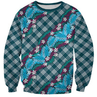 Polynesian Monstera Tiare Floral Sweatshirt Dark Teal Tropical Plaid - Polynesian Pride