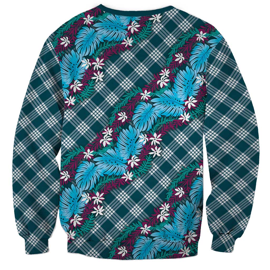 Polynesian Monstera Tiare Floral Sweatshirt Dark Teal Tropical Plaid - Polynesian Pride