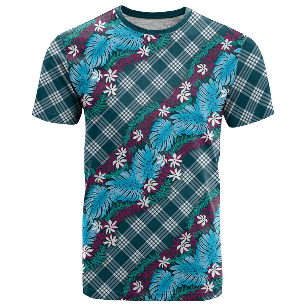 Polynesian Monstera Tiare Floral T Shirt Dark Teal Tropical Plaid - Polynesian Pride