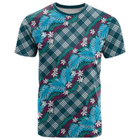 Polynesian Monstera Tiare Floral T Shirt Dark Teal Tropical Plaid - Polynesian Pride