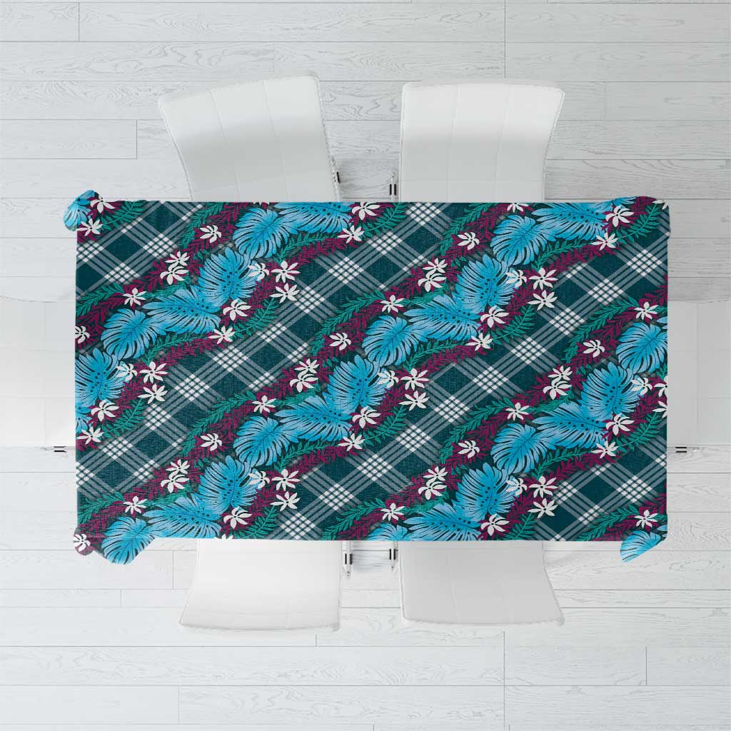 Polynesian Monstera Tiare Floral Tablecloth Dark Teal Tropical Plaid - Polynesian Pride