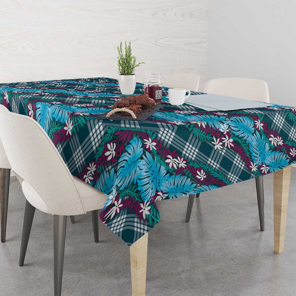 Polynesian Monstera Tiare Floral Tablecloth Dark Teal Tropical Plaid - Polynesian Pride