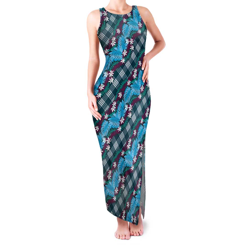 Polynesian Monstera Tiare Floral Tank Maxi Dress Dark Teal Tropical Plaid - Polynesian Pride