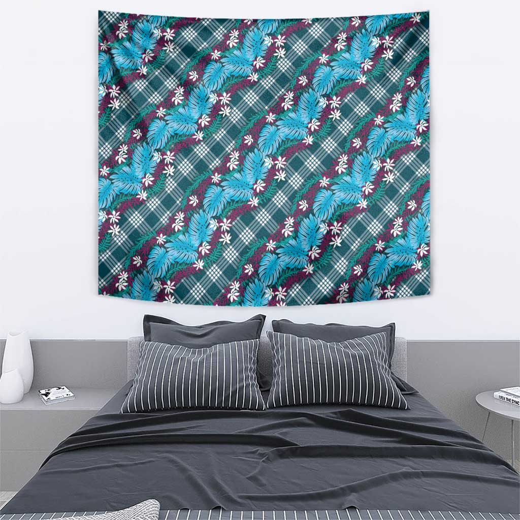 Polynesian Monstera Tiare Floral Tapestry Dark Teal Tropical Plaid - Polynesian Pride