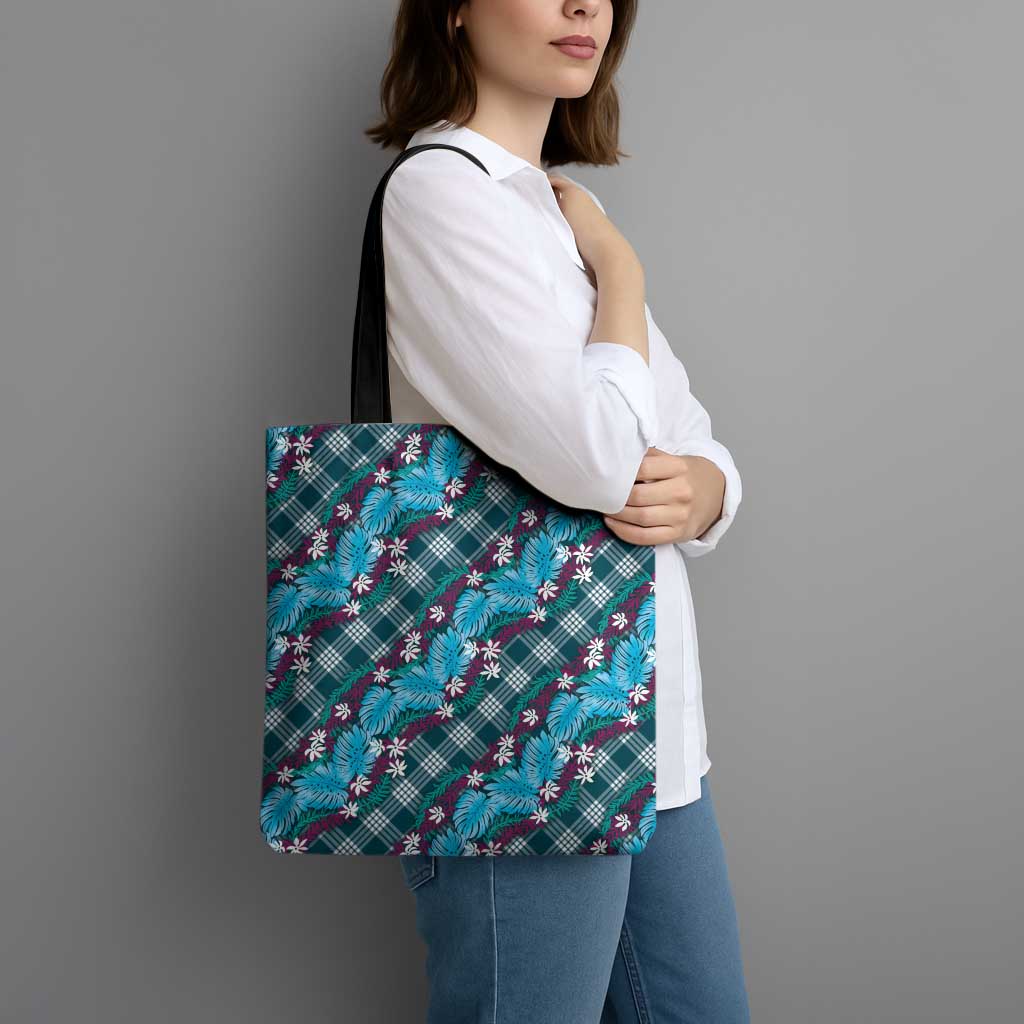 Polynesian Monstera Tiare Floral Tote Bag Dark Teal Tropical Plaid - Polynesian Pride