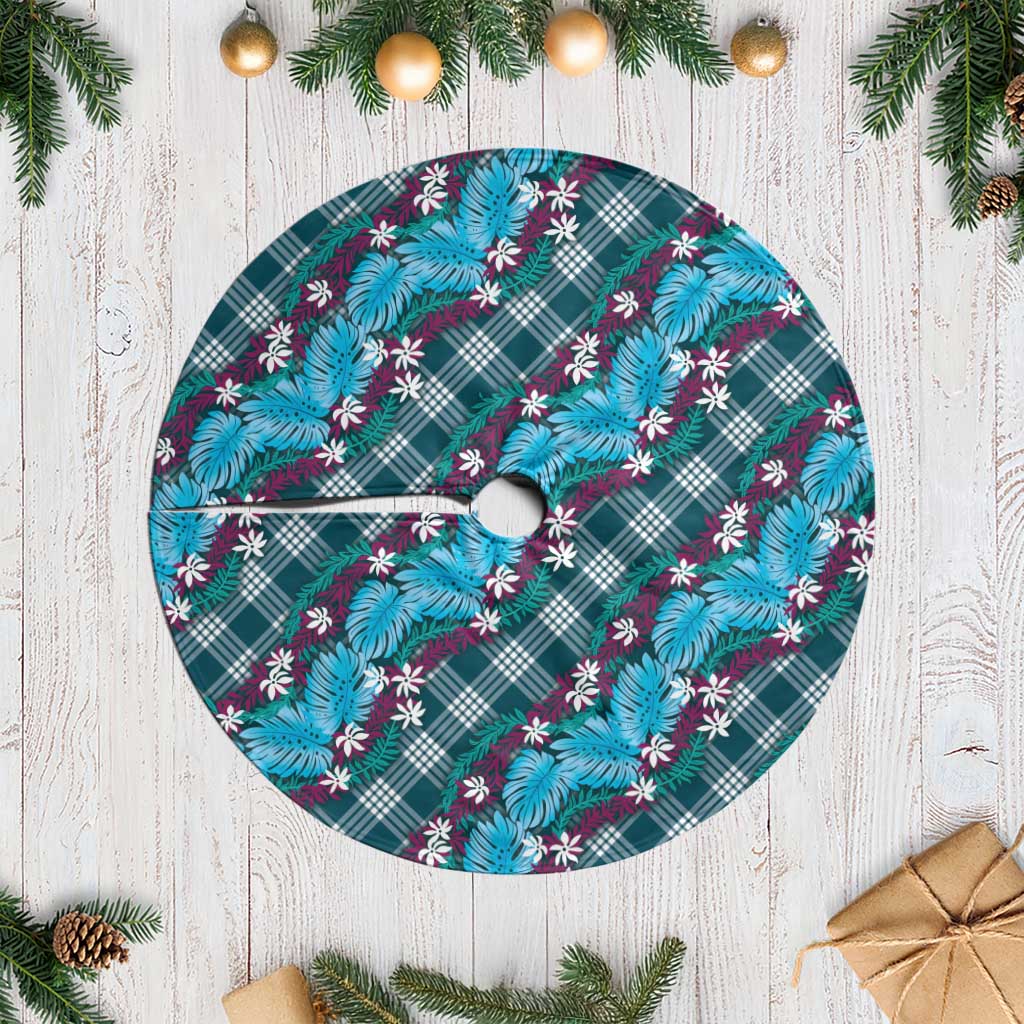 Polynesian Monstera Tiare Floral Tree Skirt Dark Teal Tropical Plaid - Polynesian Pride