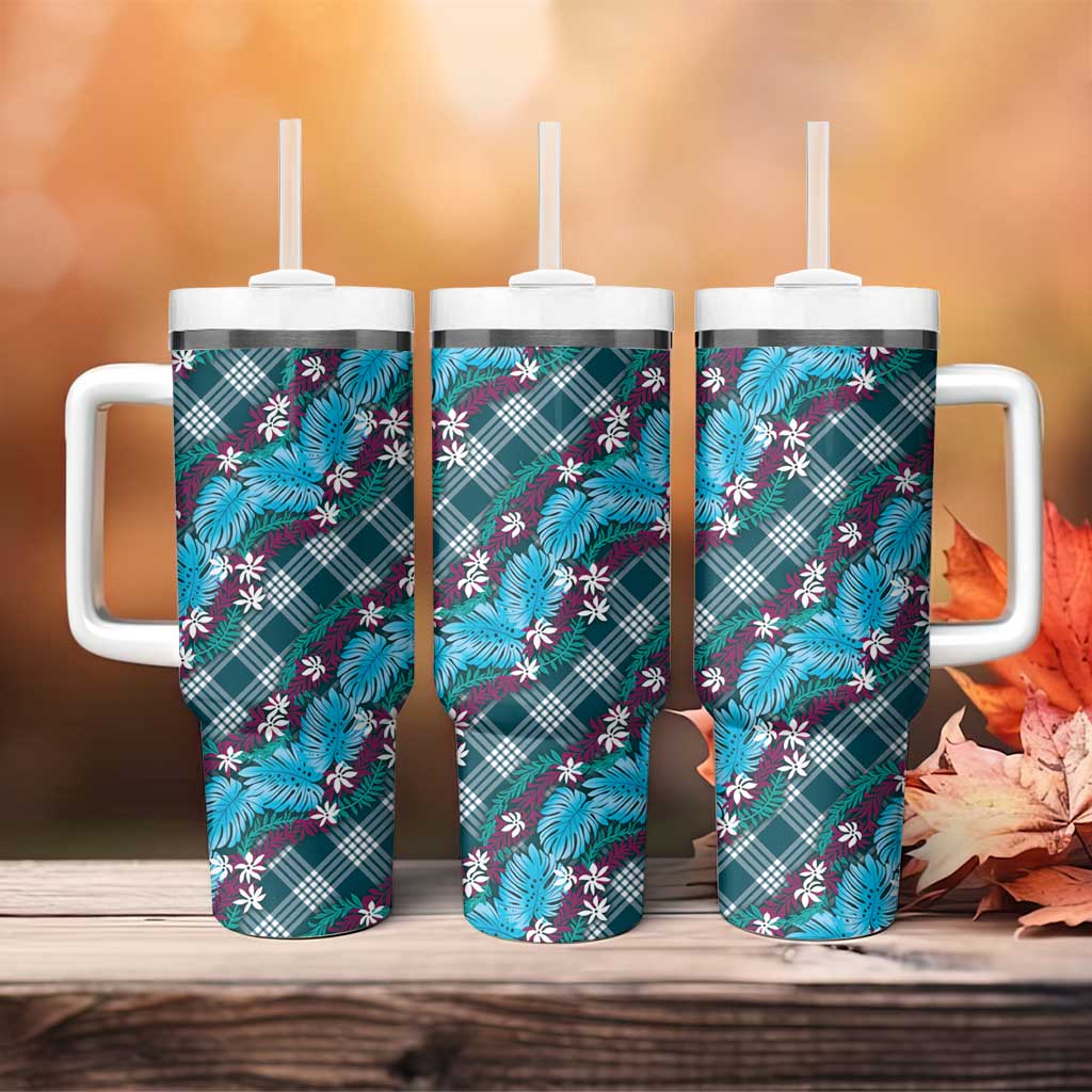 Polynesian Monstera Tiare Floral Tumbler With Handle Dark Teal Tropical Plaid - Polynesian Pride
