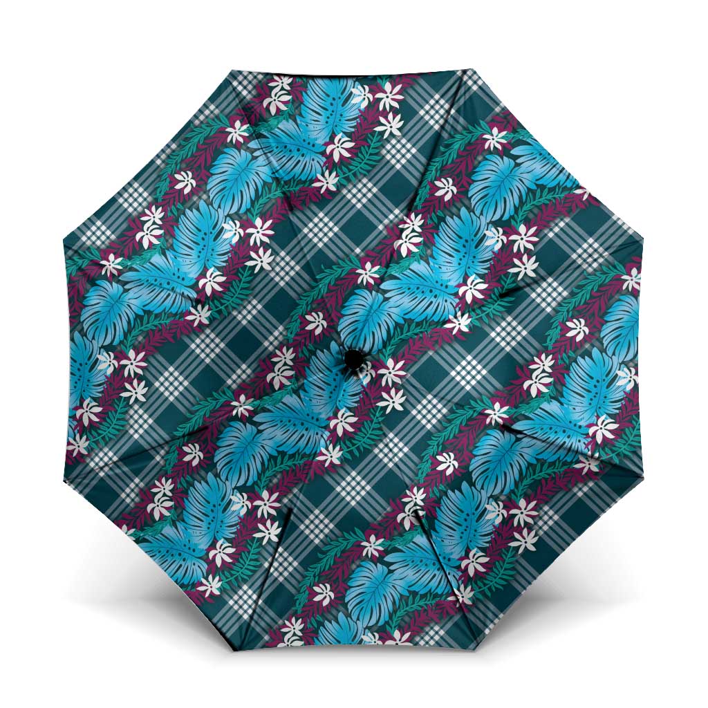 Polynesian Monstera Tiare Floral Umbrella Dark Teal Tropical Plaid - Polynesian Pride