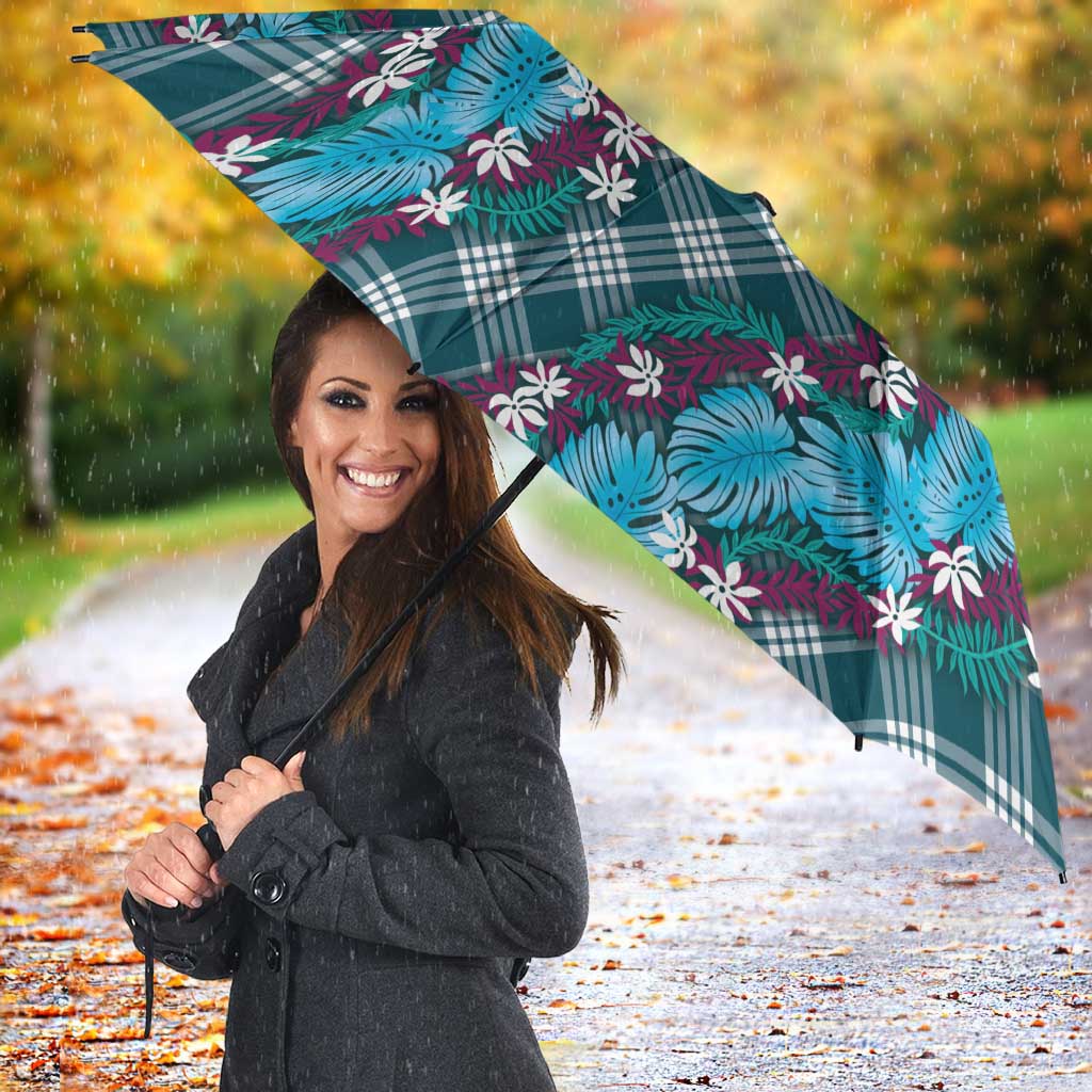 Polynesian Monstera Tiare Floral Umbrella Dark Teal Tropical Plaid - Polynesian Pride