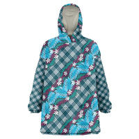 Polynesian Monstera Tiare Floral Wearable Blanket Hoodie Dark Teal Tropical Plaid - Polynesian Pride