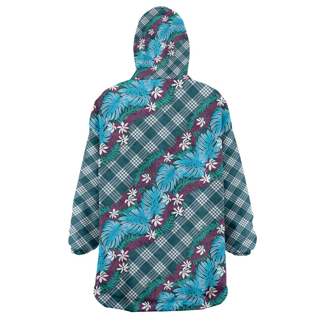 Polynesian Monstera Tiare Floral Wearable Blanket Hoodie Dark Teal Tropical Plaid - Polynesian Pride
