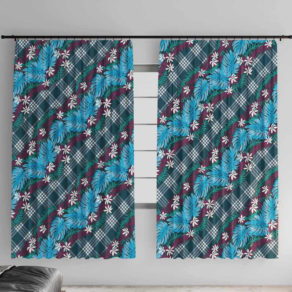 Polynesian Monstera Tiare Floral Window Curtain Dark Teal Tropical Plaid - Polynesian Pride