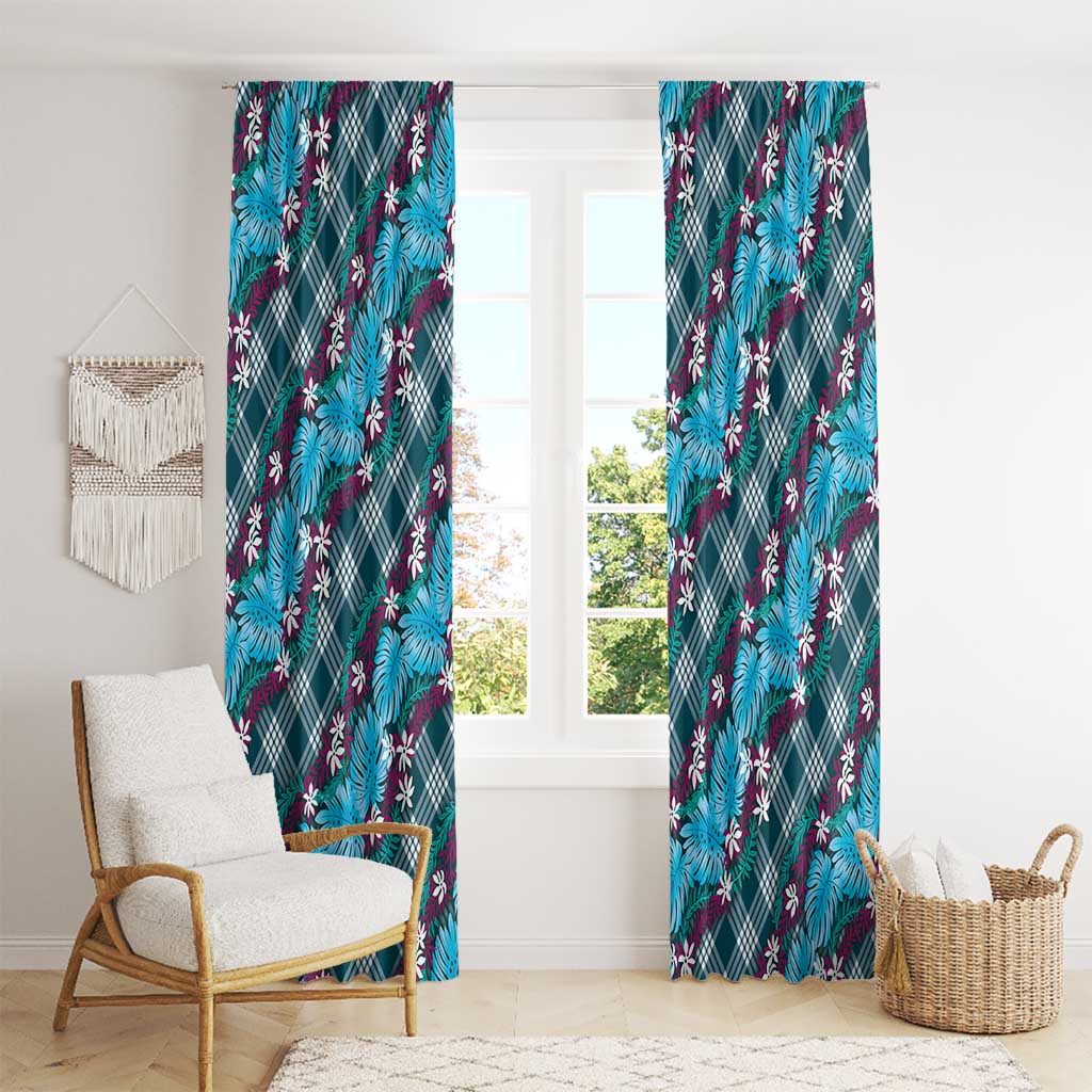 Polynesian Monstera Tiare Floral Window Curtain Dark Teal Tropical Plaid - Polynesian Pride