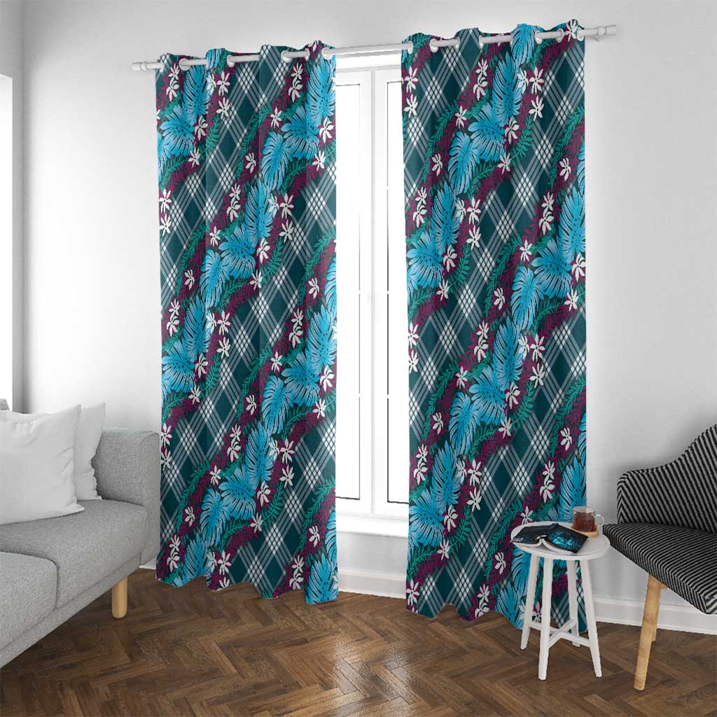 Polynesian Monstera Tiare Floral Window Curtain Dark Teal Tropical Plaid - Polynesian Pride