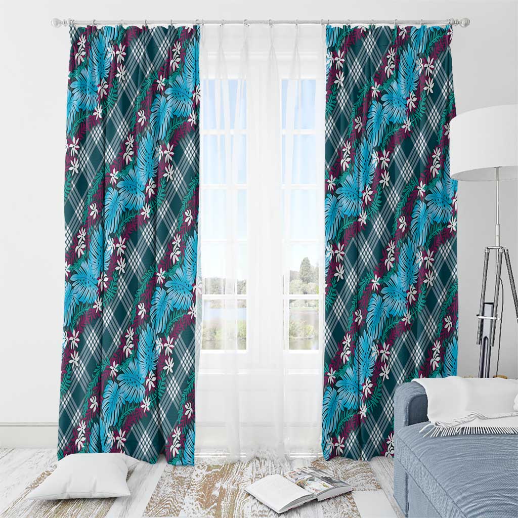 Polynesian Monstera Tiare Floral Window Curtain Dark Teal Tropical Plaid - Polynesian Pride