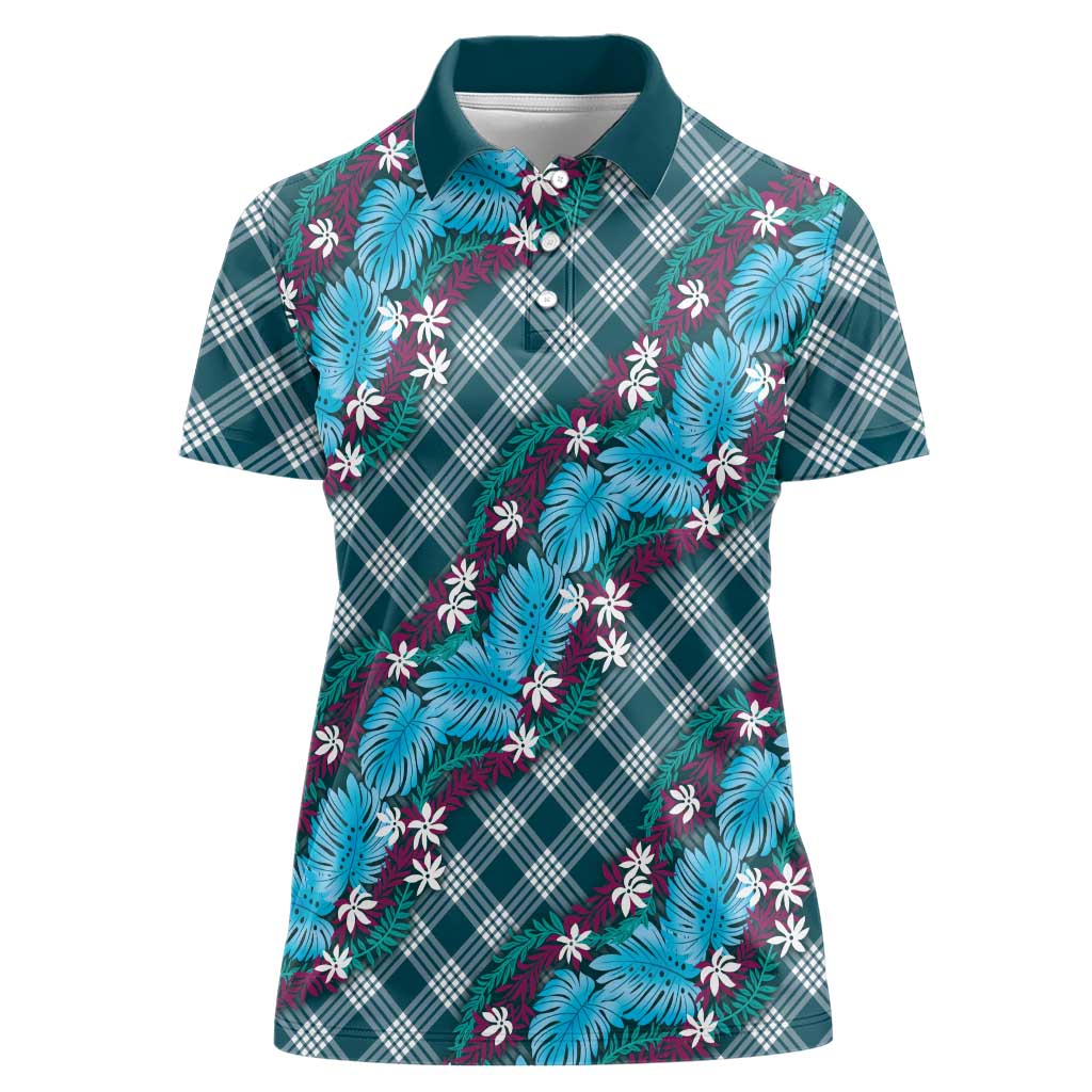 Polynesian Monstera Tiare Floral Women Polo Shirt Dark Teal Tropical Plaid - Polynesian Pride