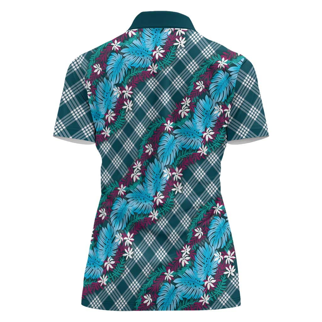 Polynesian Monstera Tiare Floral Women Polo Shirt Dark Teal Tropical Plaid - Polynesian Pride