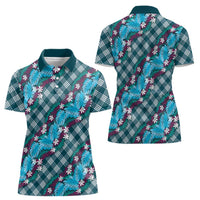 Polynesian Monstera Tiare Floral Women Polo Shirt Dark Teal Tropical Plaid - Polynesian Pride